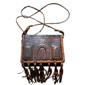 Handmade Tooled Leather African Tribal Crossbody Bag Purse Fringe Brown Vtg